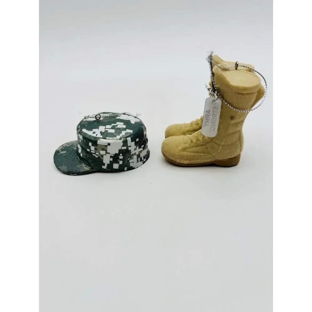 United States Army Christmas Ornament Lot Of 2 Hat And Boots Patriotic VG Cond